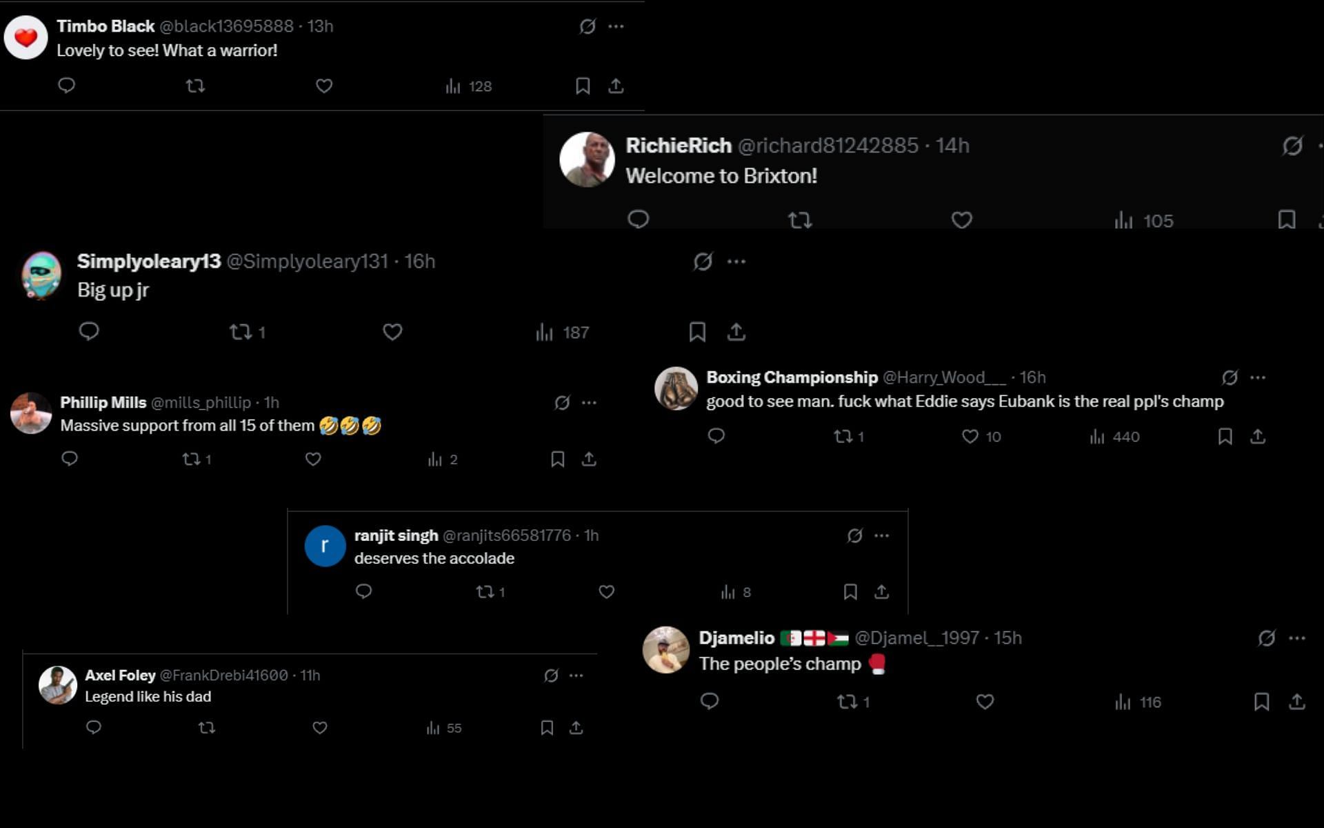 Screenshot of fan comments and reactions: [Screenshot courtesy @BoxingKingdom14 on X]