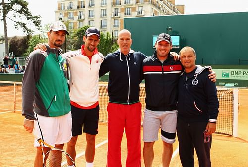 Novak Djokovic with Dusan Vemic and coaching staff at the 2012 French Open - Image Source: Getty