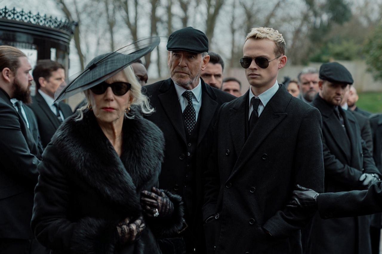 Maeve, Conrad, and Eddie Harrigan at Tommy's funeral in MobLand. (Image via x.com/MobLand_PPlus)