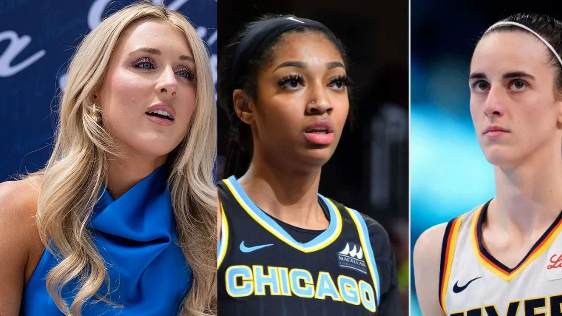 Riley Gaines reacts to the clash between Angel Reese and Caitlin Clark at WNBA playoff [Image Source : Getty]