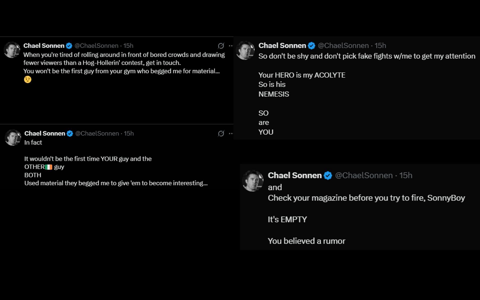 Chael Sonnen claps back at Islam Makhachev. [Screenshots courtesy: @ChaelSonnen on X]