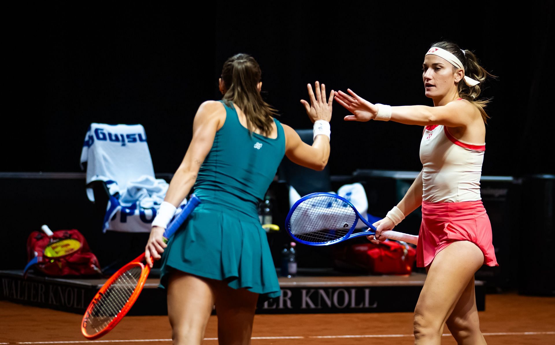 Timea Babos and Luisa Stefani pictured at the Porsche Tennis Grand Prix 2025 | Image Source: Getty