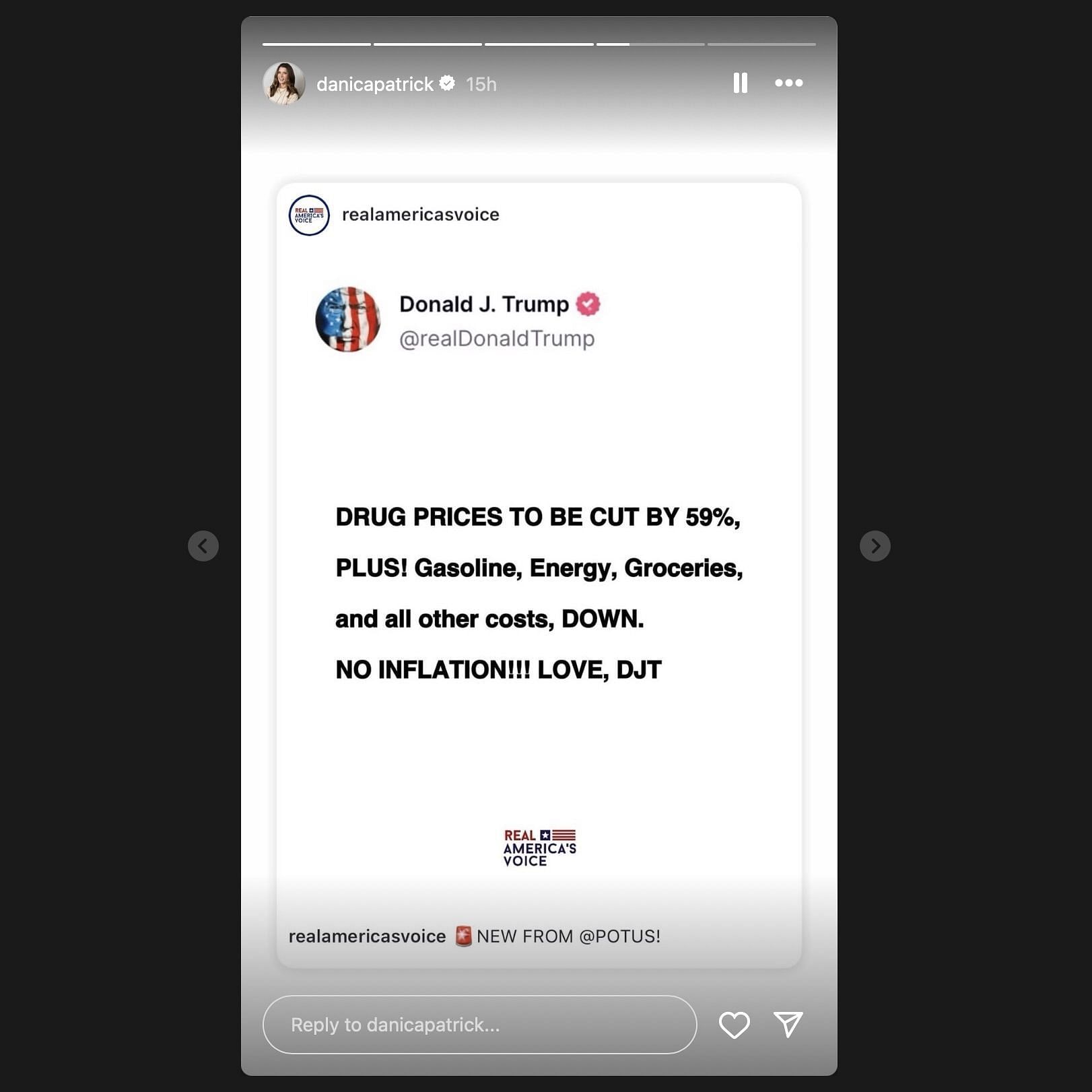 Screen grab from Danica Patrick&#039;s instagram story [via instagram/danicapatrick]