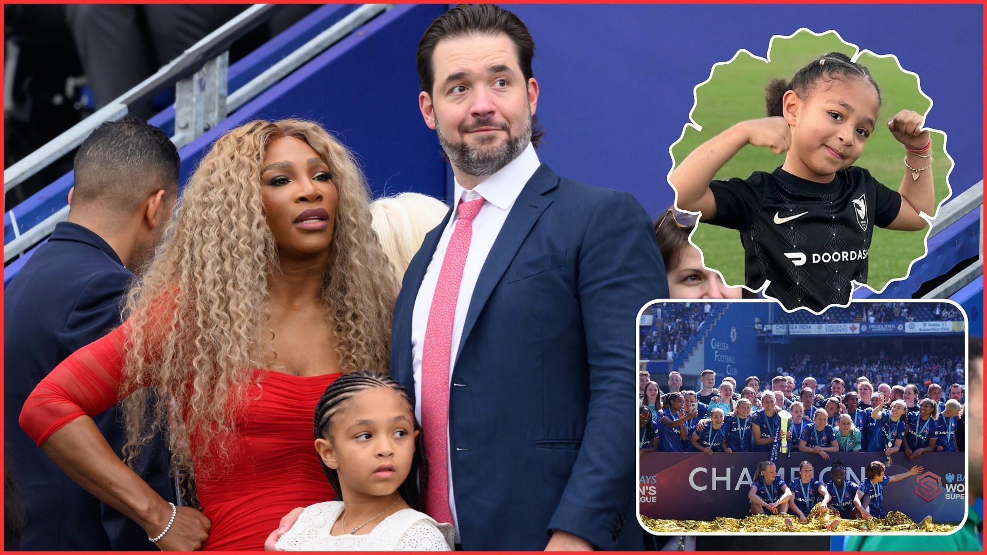 Serena Williams and Alexis Ohanian will their daughter Olympia and (inset) the Chelsea Women team. (Photos: Getty)