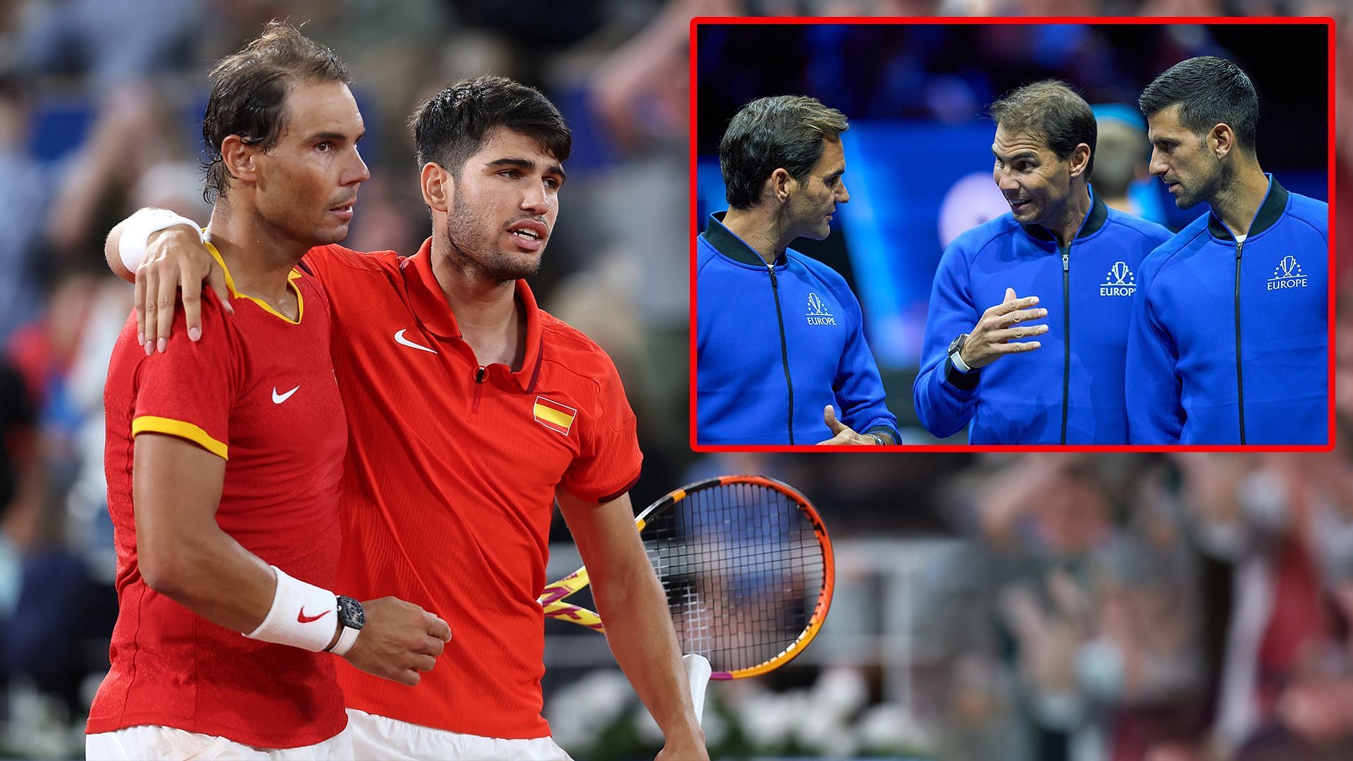 Rafael Nadal with Carlos Alcaraz, and (inset) with Roger Federer and Novak Djokovic. (Photos: Getty)