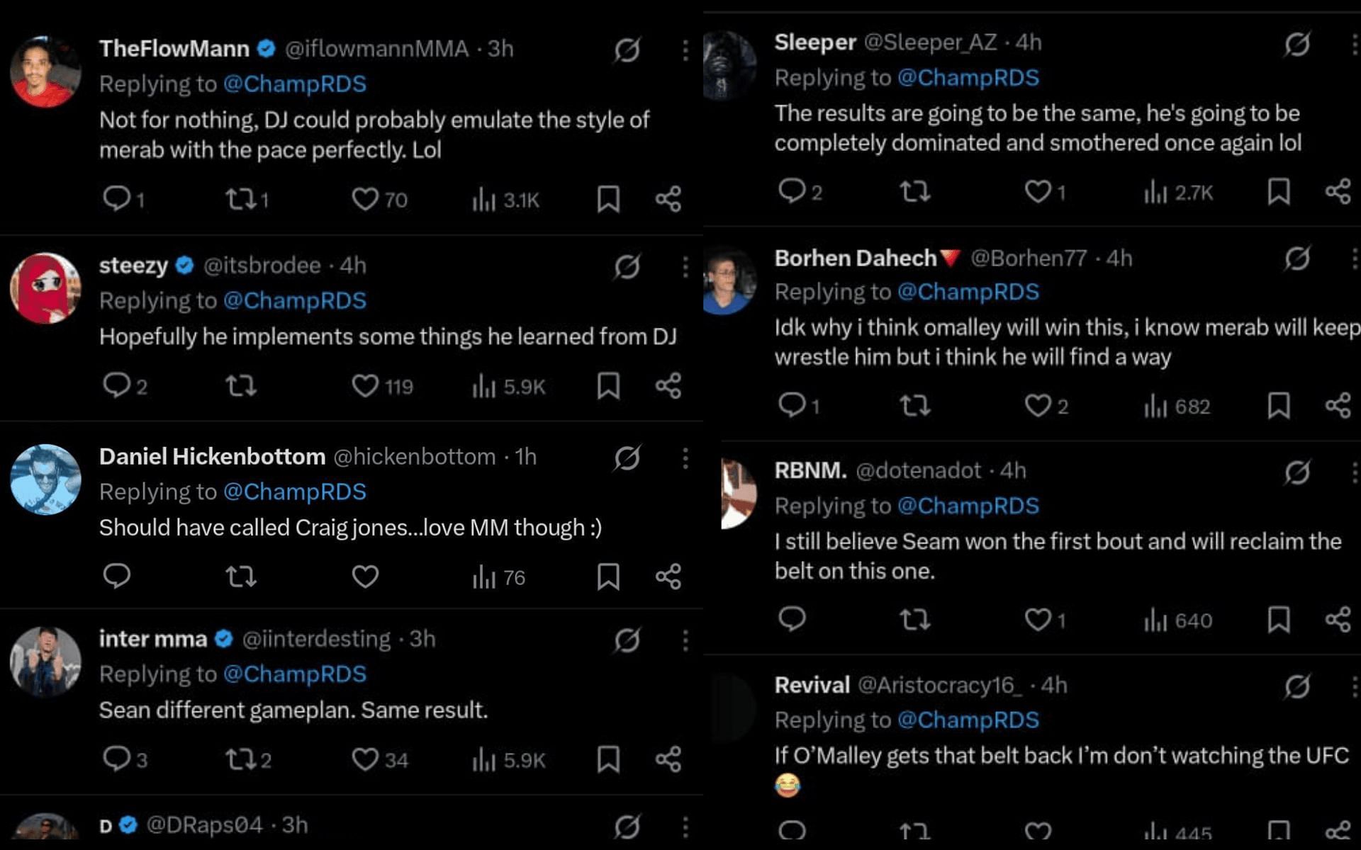 Fans&#039; reaction to Sean O&#039;Malley&#039;s training session images with Demetrious Johnson. [Screenshots courtesy: @ChampRDS on X]