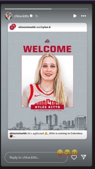 Chloe Kitts reacts to younger sister Kylee Kitts' transfer to Ohio State on IG story. Image via @chloe.kitts