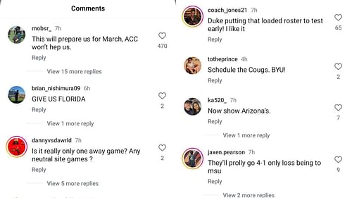 College hoops fans reacted to Duke's nonconference schedule for the 2025-26 NCAA season. Source: Instagram/@br_hoops