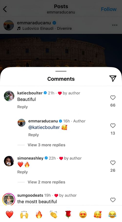 Katie Boulter and Simone Ashley's comments on Emma Raducanu's post - Via Instagram