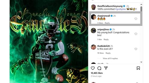 Shaq’s son Shaqir O’Neal excited as 3-star WR Bunchie Young commits to Sacramento State. Credit: IG/@theofficialbunchieyoung