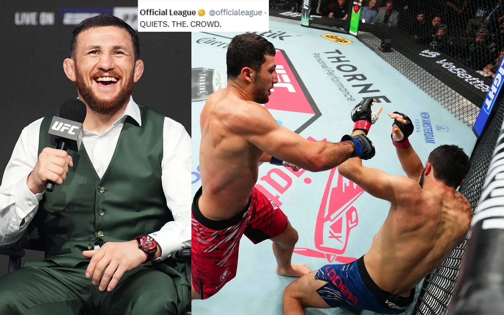 Merab Dvalishvili (left) reacts to Azamat Bekoev