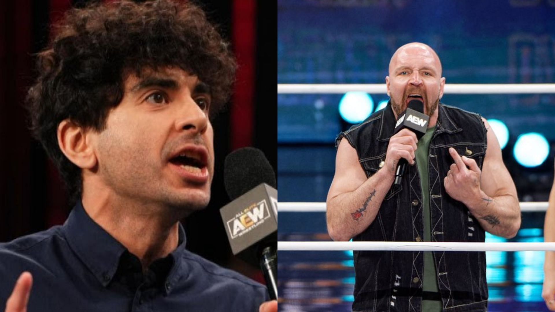 AEW president Tony Khan (left) and Jon Moxley (right). (Image credits: AEW YouTube channel &amp; Claudio Castagnoli
