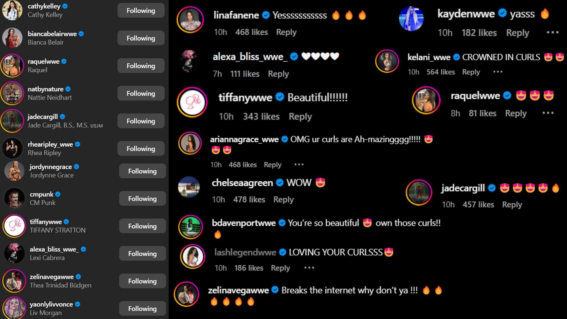 Screenshots of stars&#039; likes and comments [Image credit: Dakota Kai&#039;s Instagram handle]