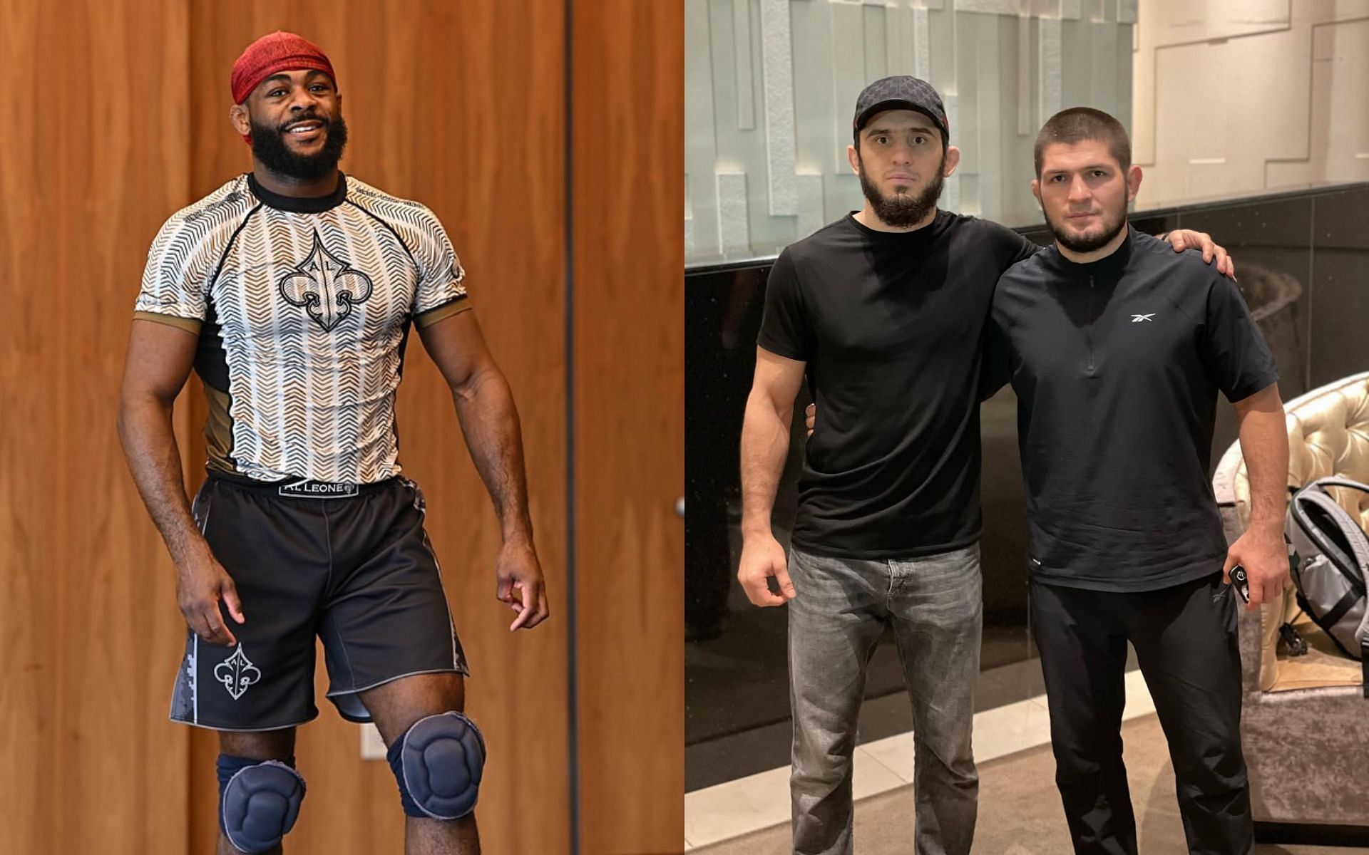 Aljamain Sterling (left) discusses Islam Makhachev (center) and Khabib Nurmagomedov