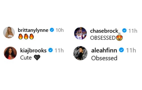Kia Brooks, Chase Brock, Brittany Mahomes and Aleah Finnegan react to Dunne's post | via @livvydunne/ig