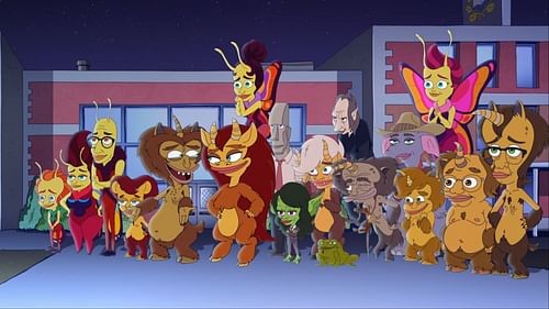 The hormone monsters gather outside Bridgeton High, watching proudly as the kids step toward adulthood in the finale of Big Mouth season 8. (Image via Netflix)