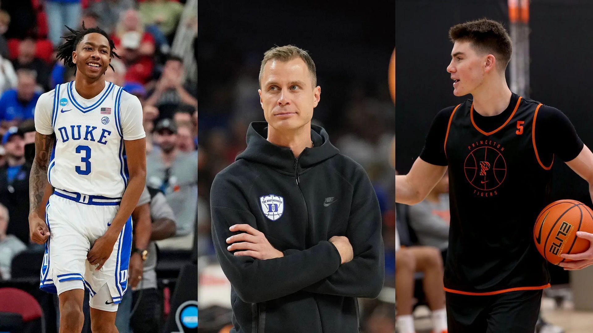 Isaiah Evans, coach Jon Scheyer, Jack Scott