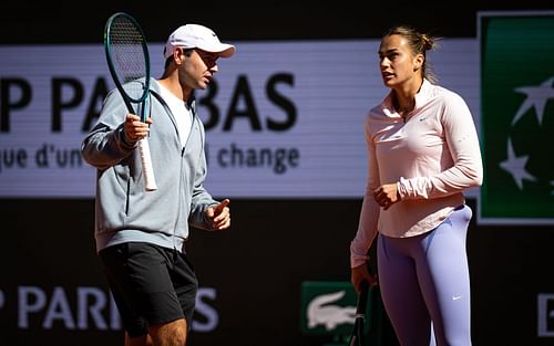 Anton Dubrov (left) and Aryna Sabalenka (right) during a training session at the 2025 French Open (Source: Getty)