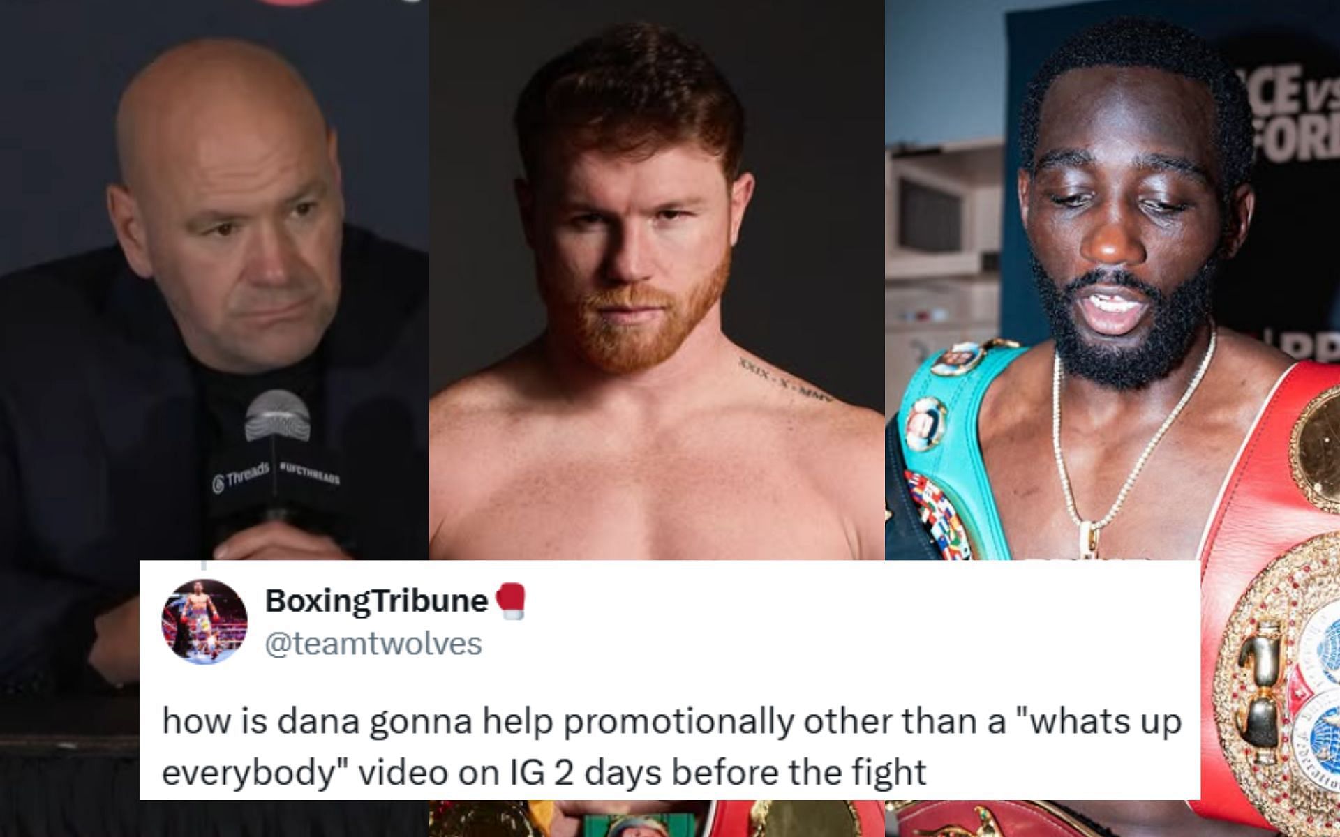 Dana White (left) is set to promote Canelo Alvarez (center) vs. Terence Crawford (right). [Images courtesy: UFC on YouTube, @tbudcrawford and @canelo on Instagram]