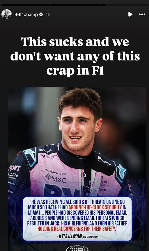 Damon Hill's IG Story [Image Source: @96f1champ/Instagram]