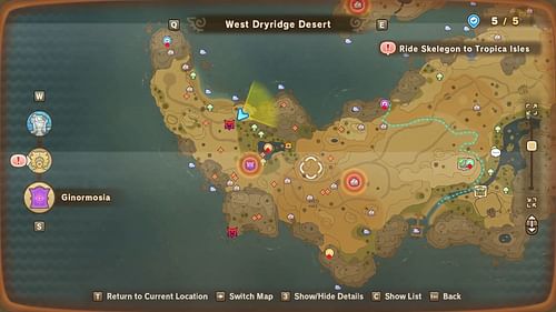 The red dots on the map indicate the locations of markers for the West Dryridge Desert Leafes (Image via LEVEL5 Inc.)