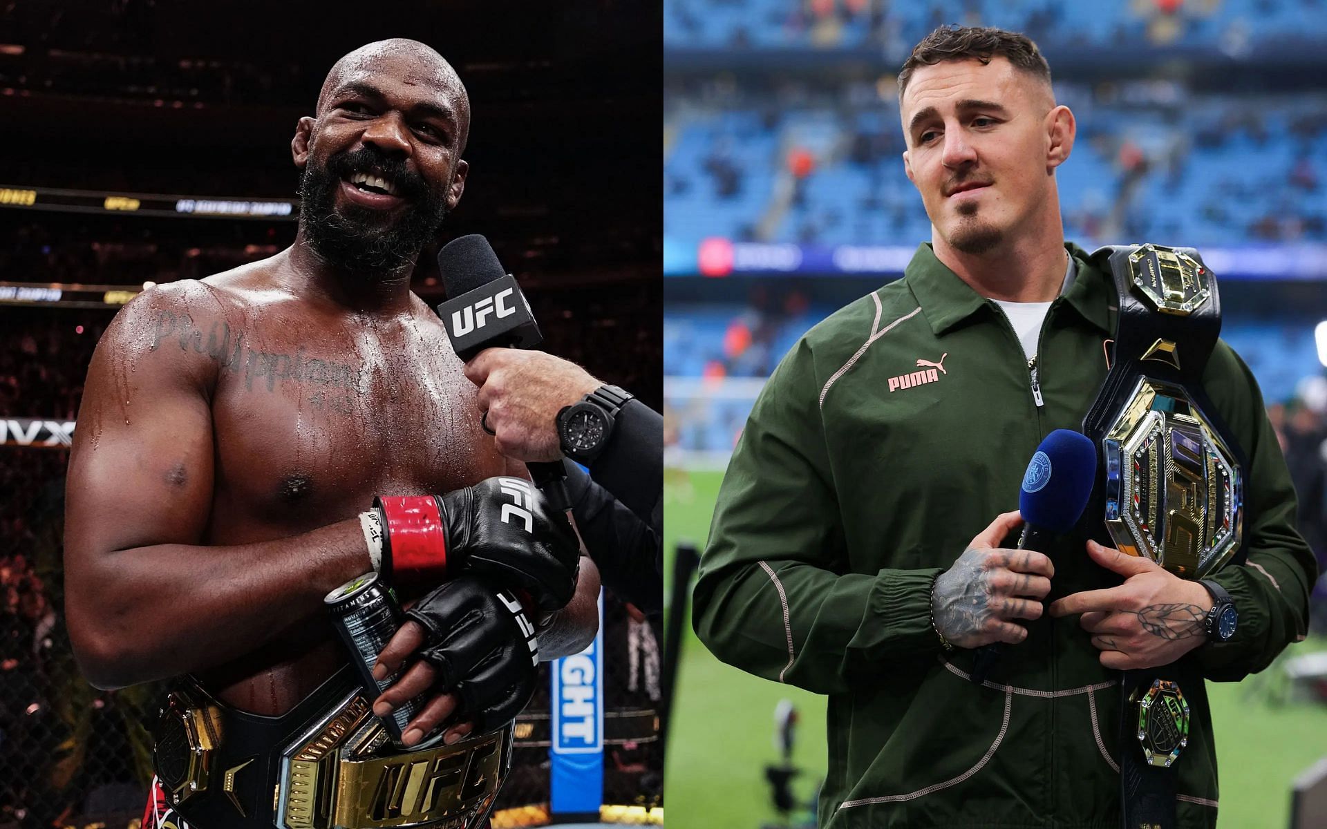 Jon Jon (left) fires savage shot at Tom Aspinall (right). [Images courtesy: Getty Images] 