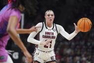 Chloe Kitts (#21) of the South Carolina Gamecocks passes the ball during the first quarter of their NCAA women's basketball game against the Florida Gators at Colonial Life Arena on February 13, 2025. Photo: Getty