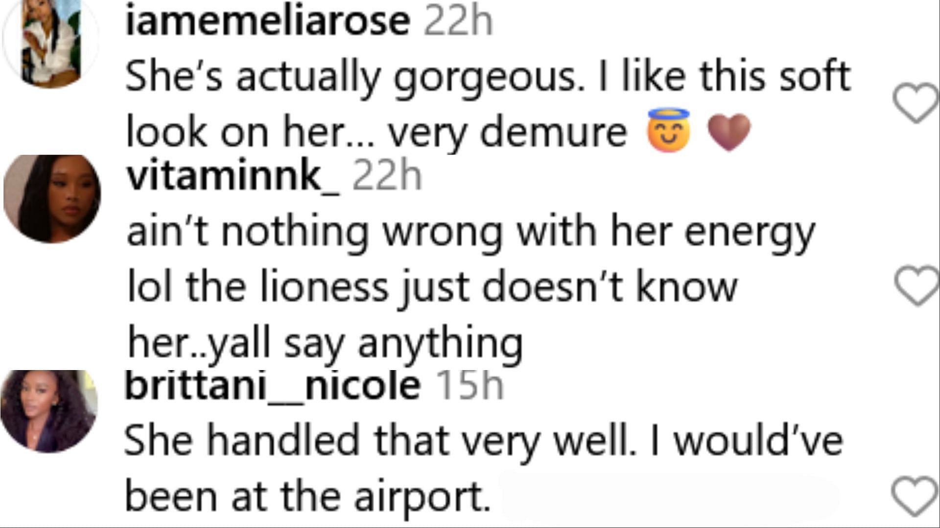 Netizens reacted to the lioness growling at Sexyy Red (Image via Instagram / @iamemeliarose / @vitaminnk_ / @brittani_nicole)