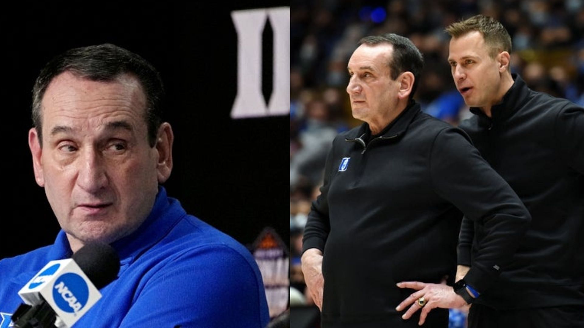 Former coach Mike Krzyzewski and Duke coach Jon Scheyer