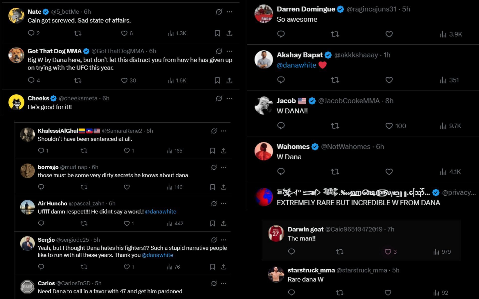 Fans react to Dana White paying for Cain Velasquez&#039;s bail. [Screenshots courtesy: @Home_of_Fight and @espnmma on X]