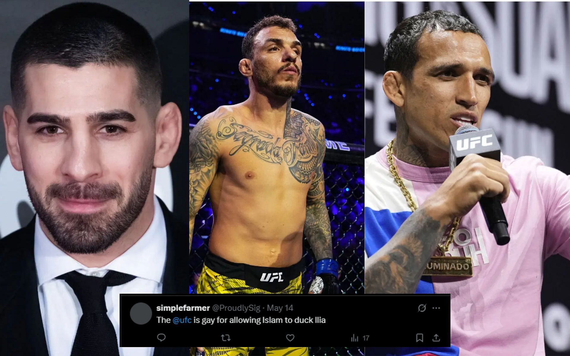 Fans react as Renato Moicano [middle] disrespects Ilia Topuria [left] vs Charles Oliveira [right] on UFC 317 bout list: [Image courtesy: Getty]