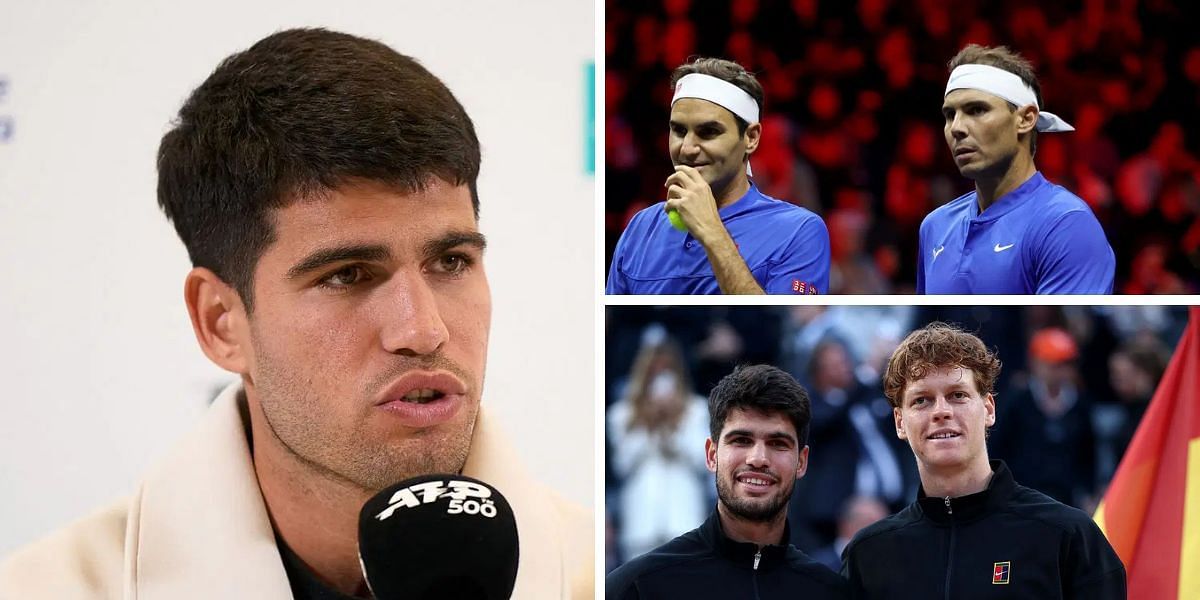 Carlos Alcaraz (left), Roger Federer and Rafael Nadal (top right), Carlos Alcaraz and Jannik Sinner (bottom right), Sources: Getty