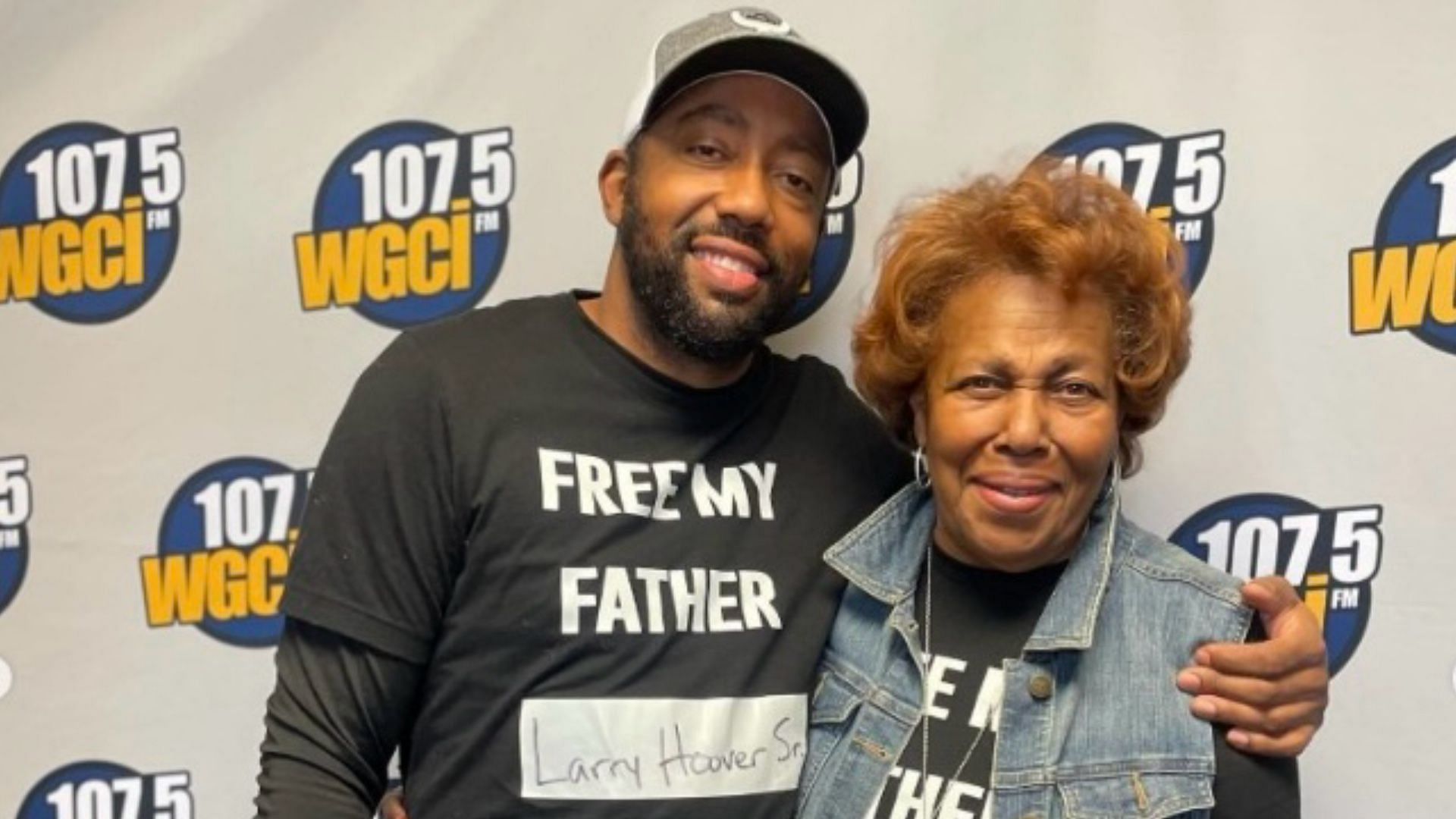 Larry Hoover Jr. along with his mother during a talk at WGCI radio talk show in support of his father  (Image via Instagram/ @larryhooverjr_)