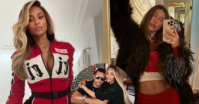 Russell Wilson's wife Ciara poses with Hailey Bieber in a racer-inspired red outfit at SI's Miami F1 party