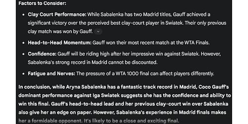 Gemini AI's prediction for the Madrid Open 2025 women's final.