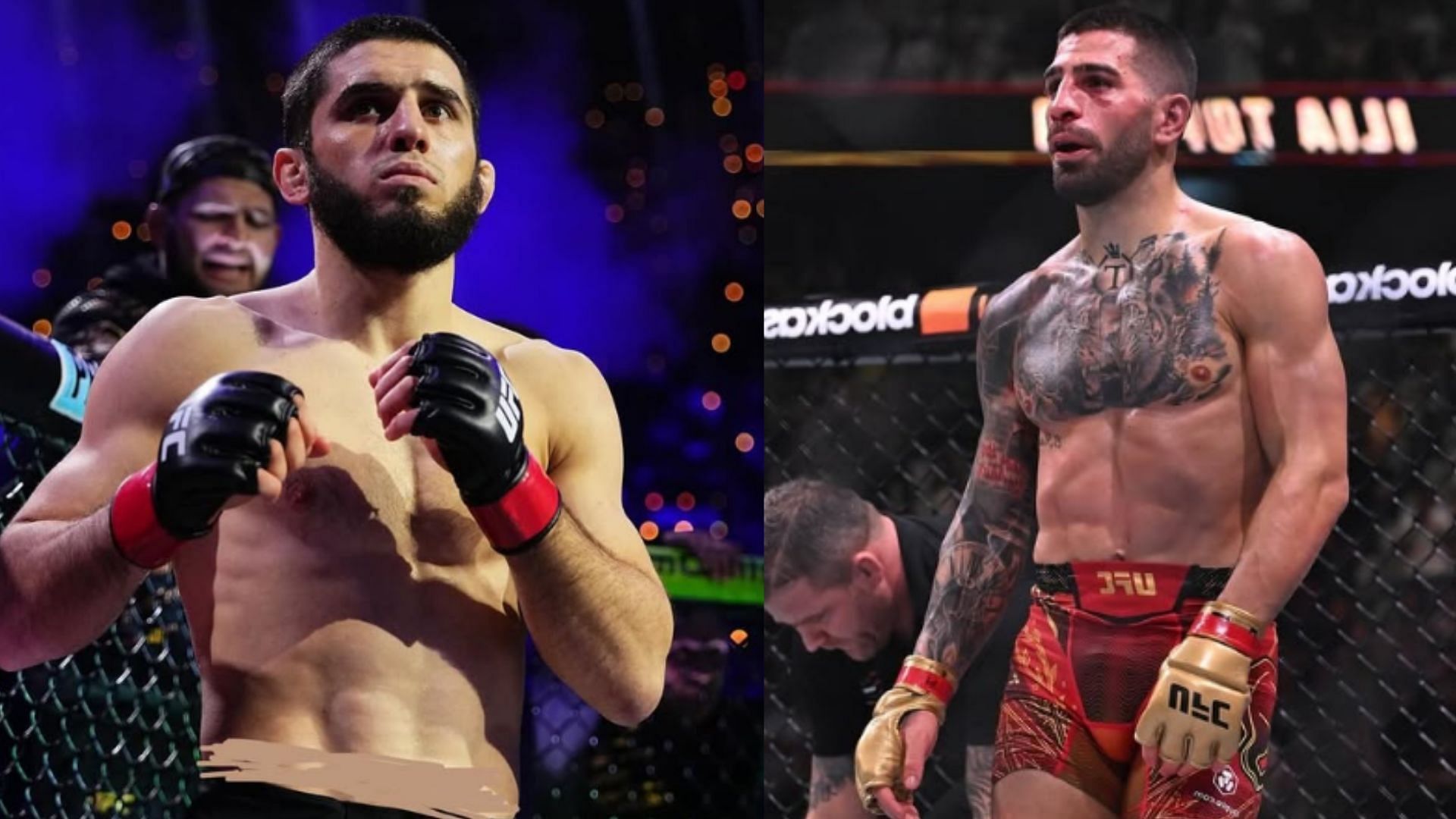 Islam Makhachev (left) responds to Ilia Topuria (right) [Images courtesy of Getty Images]