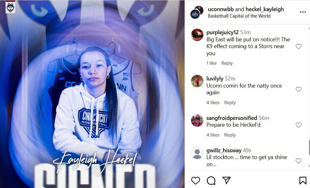 UConn fans react to Kayleigh Heckel joining the team ahead of next season on Instagram. (Credits: IG/ @uconnwbb)