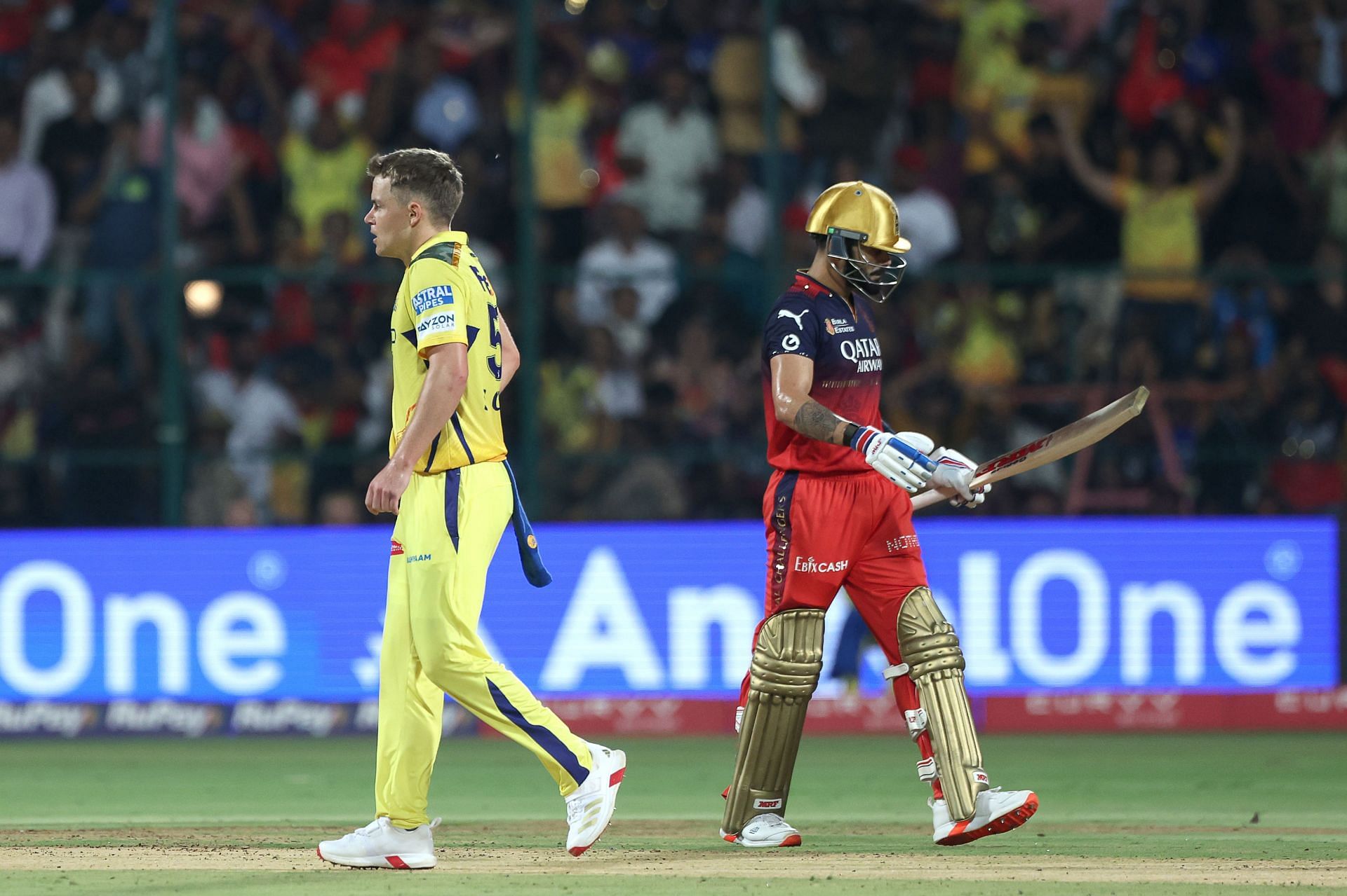 Sam Curran of Chennai Super Kings celebrates the wicket of Virat Kohli of Royal Challengers Bengaluru during the 2025 IPL match between Royal Challengers Bengaluru and Chennai Super Kings at M Chinnaswamy Stadium on May 3, 2025, in Bengaluru, India. (Photo by Pankaj Nangia/Getty Images)