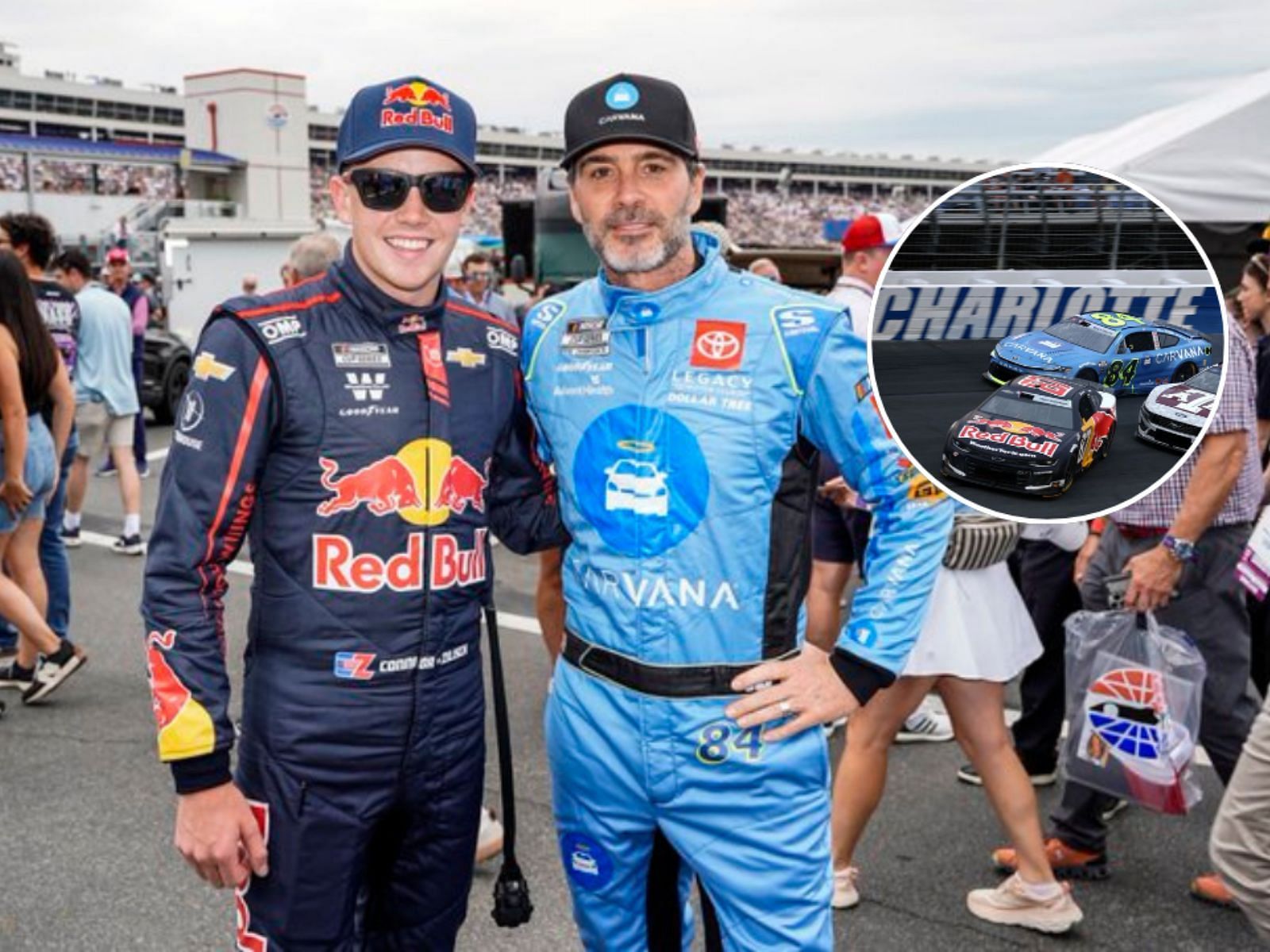 Connor Zilisch and Jimmie Johnson before the Coca Cola 600, (Inset) CONCORD, NORTH CAROLINA - MAY 25: Connor Zilisch, driver of the #87 Red Bull Chevrolet, Jimmie Johnson, driver of the #84 Carvana Toyota, and Cole Custer, driver of the #41 Texas A&amp;M Ford, spin after an on-track incident during the NASCAR Cup Series Coca-Cola 600 at Charlotte Motor Speedway on May 25, 2025 in Concord, North Carolina. (Photo by Jared C. Tilton/Getty Images)