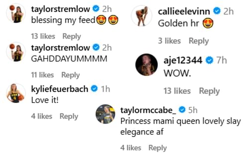 Kylie Feuerbach, Taylor Stremlow, Callie Levin, Taylor McCabe, AJ Ediger react to Stuelke's post | via @hannahstuelke/ig
