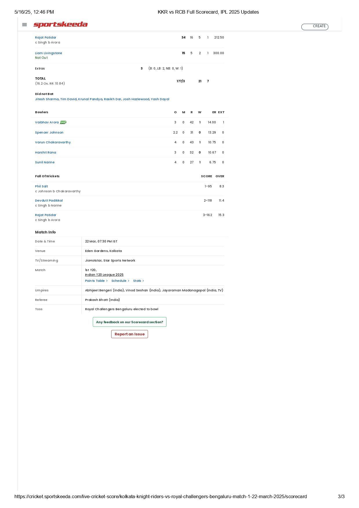KKR vs RCB IPL 2025 scorecard.
