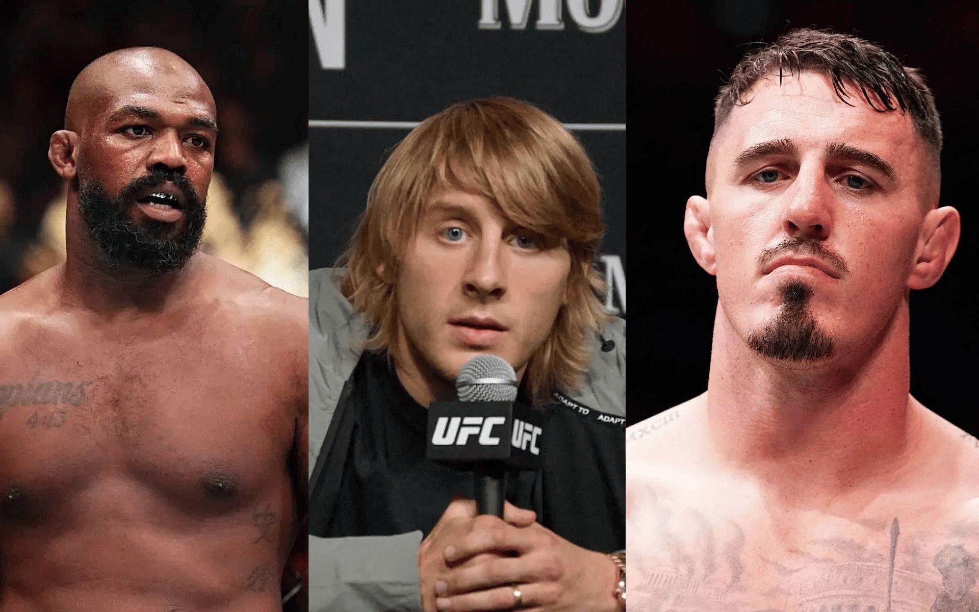Paddy Pimblett (middle) breaks down potential Jon Jones (left) vs. Tom Aspinall (right) fight. [Images courtesy: Getty]