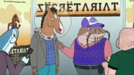 At the premiere of Secretariat, BoJack tries to play the role of the polished actor, but his expression betrays unease. (Image via Netflix)