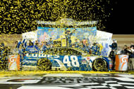 Jimmie Johnson celebrates in Victory Lane after winning the Spongebob Squarepants 400 at Kansas Speedway, May 9th 2015 - Source: Imagn