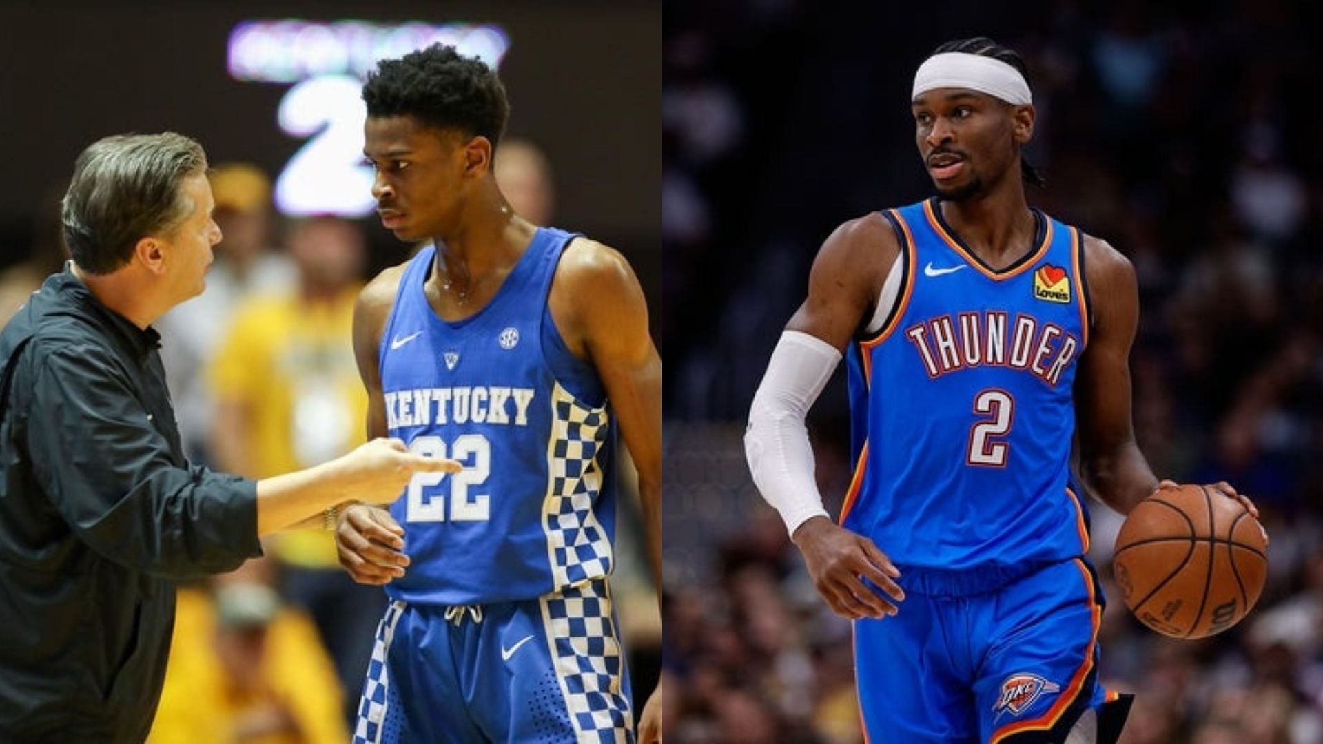 Shai Gilgeous-Alexander talks to Kentucky coach John Calipari; Shai Gilgeous-Alexander in action for the Oklahoma City Thunder. Source: Imagn