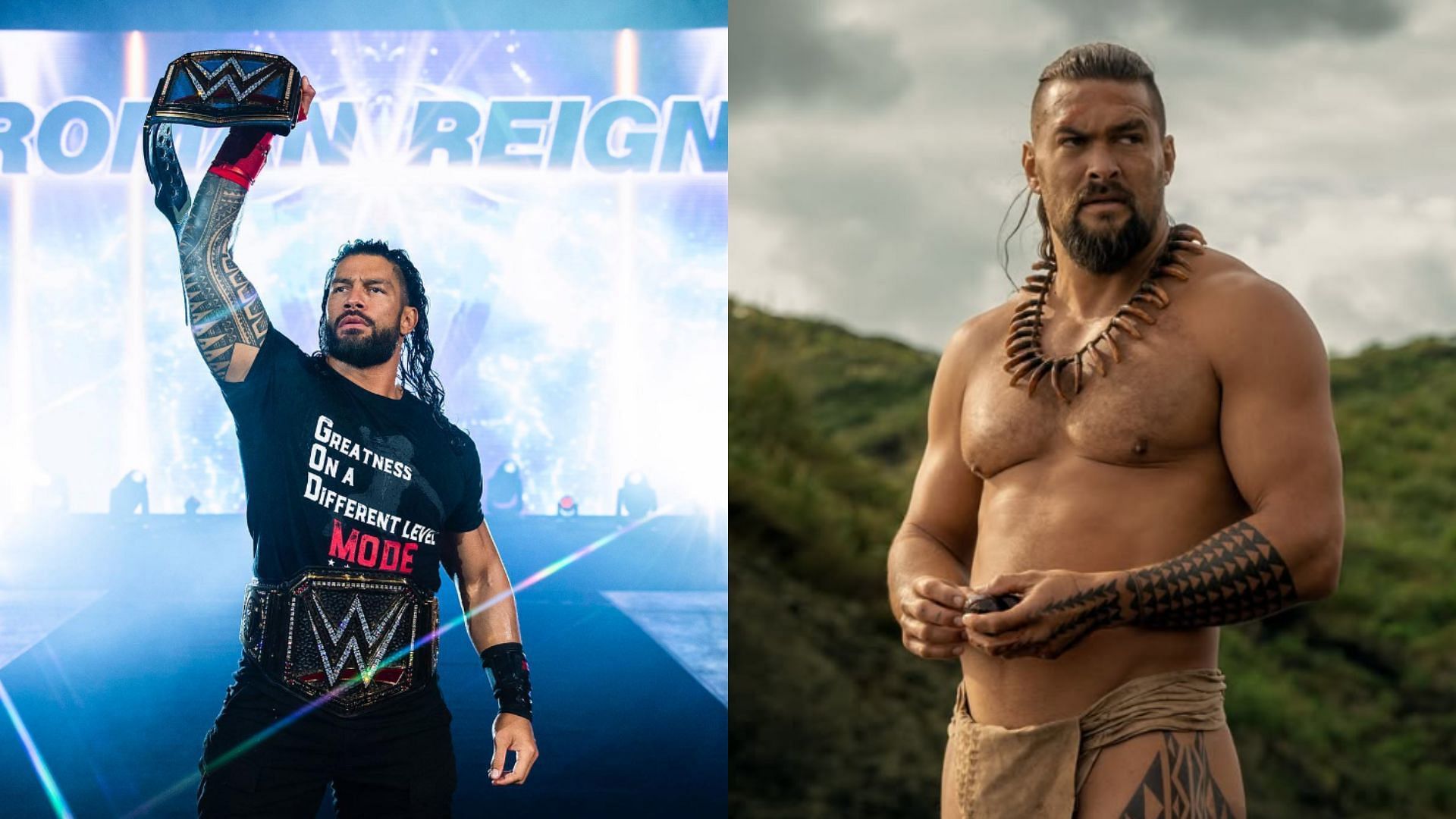 Stills of Jason Momoa (right) and Roman Reigns (left) 