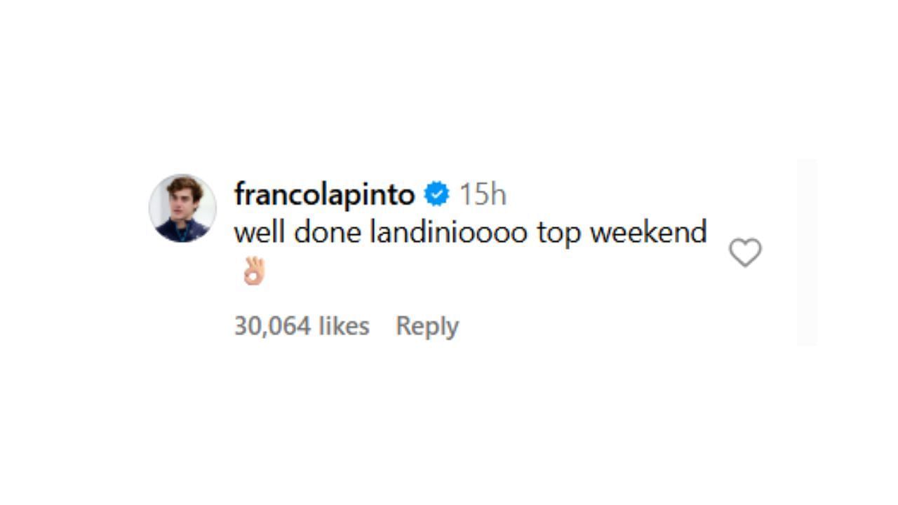 Screengrab of Franco Colapinto&#039;s comment on Lando Norris&#039;s Instagram post (@lando)