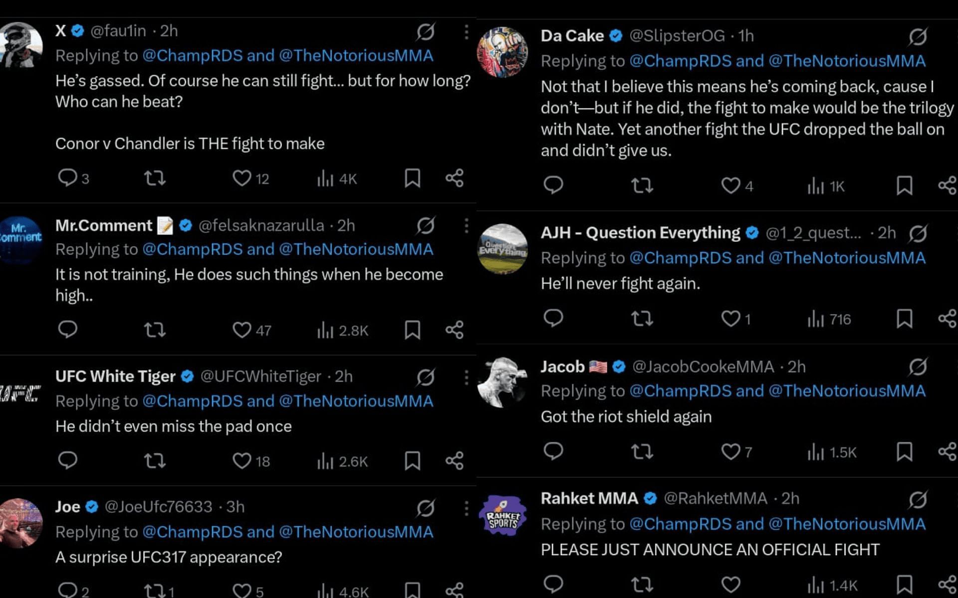 Fans&#039; reaction to Conor McGregor&#039;s new training video. [Screenshots courtesy: @ChampRDS on X]