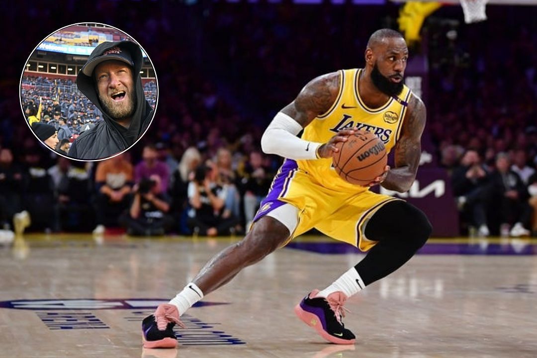LeBron James during an NBA game, Barstool President Dave Portnoy at an NCAA game 