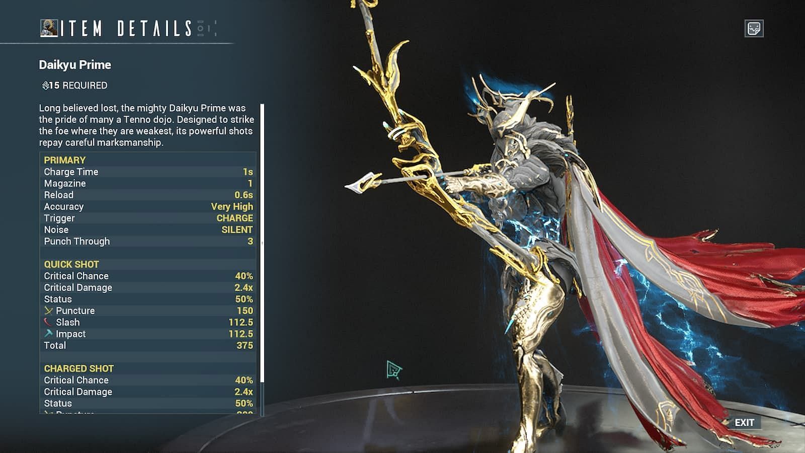 Daikyu Prime stats (Image via Digital Extremes)